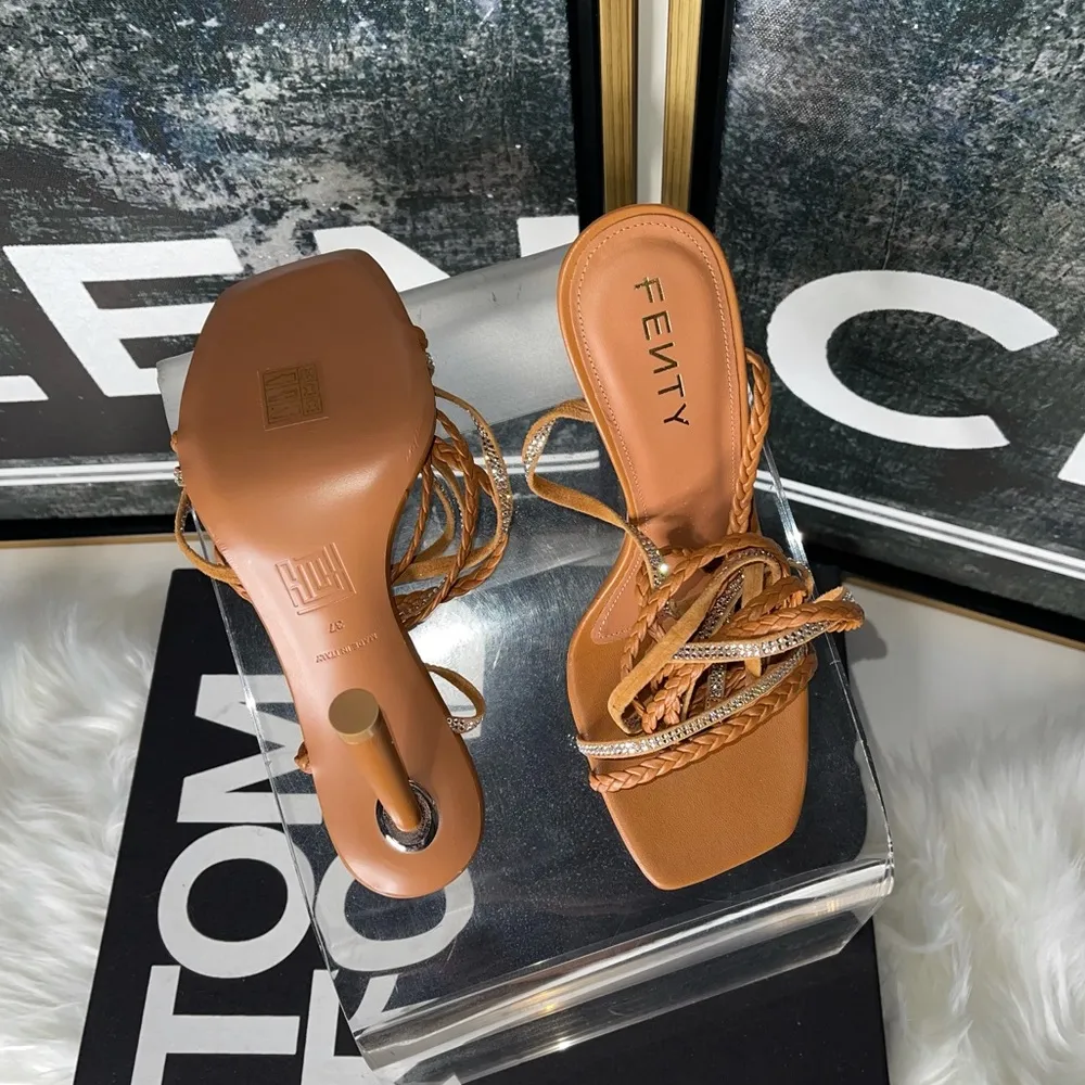 Amina Muaddi x Fenty Braid Me Up Sandals In Brown - Image 7