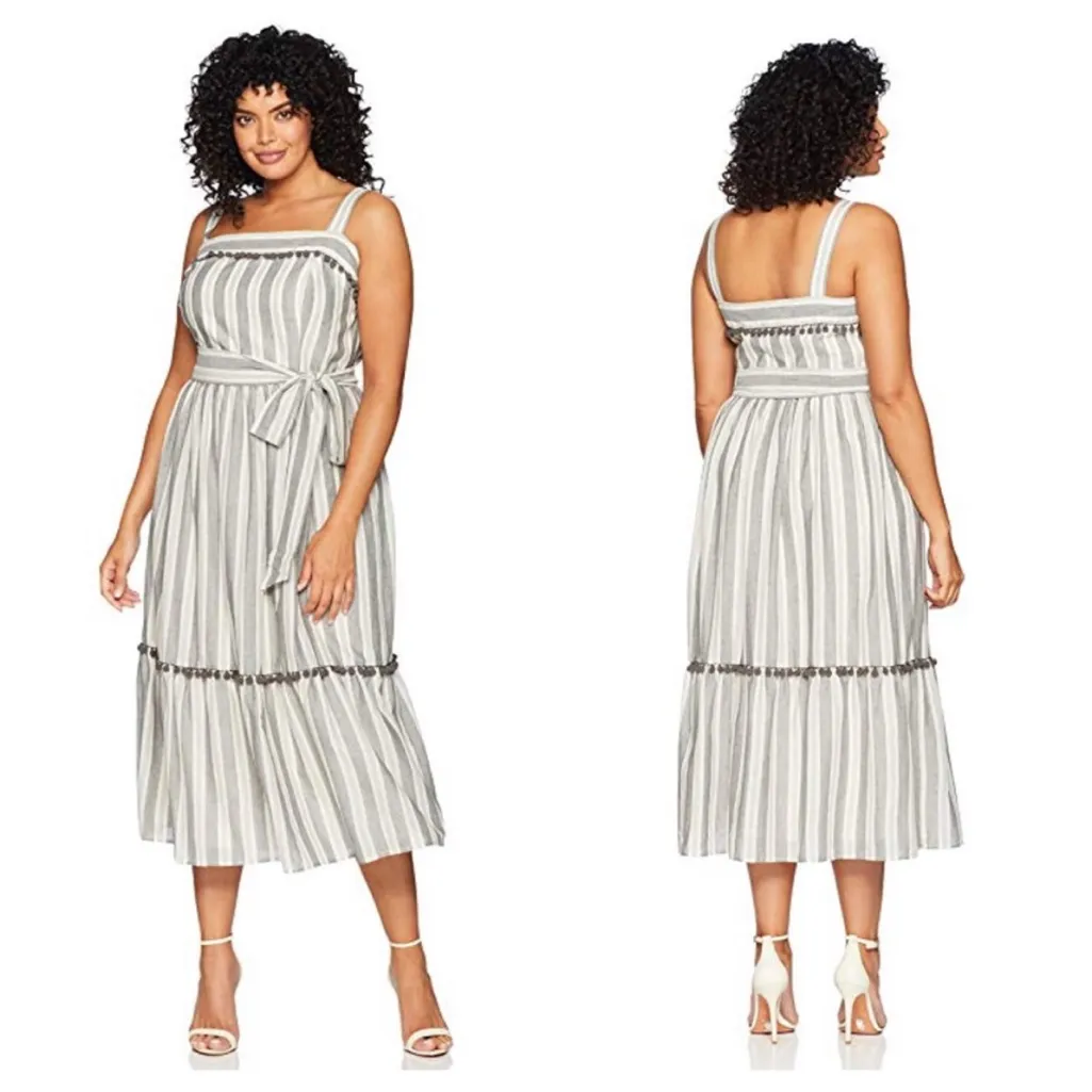 Maggy London Pom Pom Stripe Danni Gray Midi Dress Size 10P Petite - Image 2