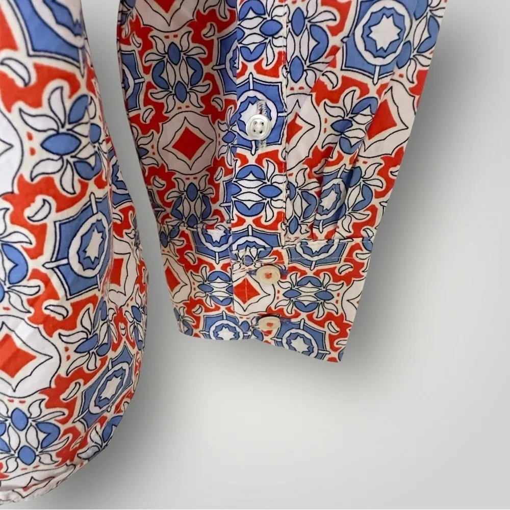 Talbots  Button Down Shirt XS Red Blue Tile Print Cotton Long Sleeve - Image 6