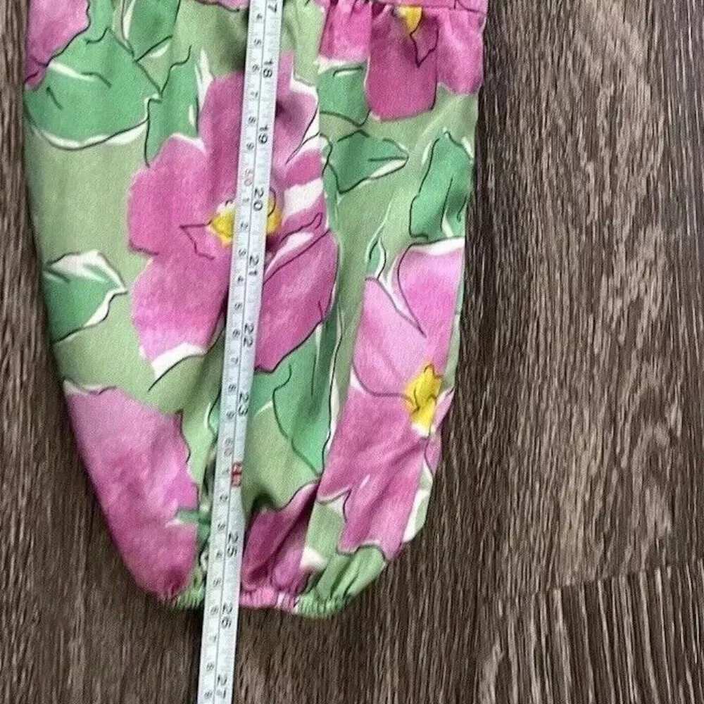 Vintage 90s Blouse Green Pink V Neck Abstract Print Tie at Side Waist Size L Size L - Image 10