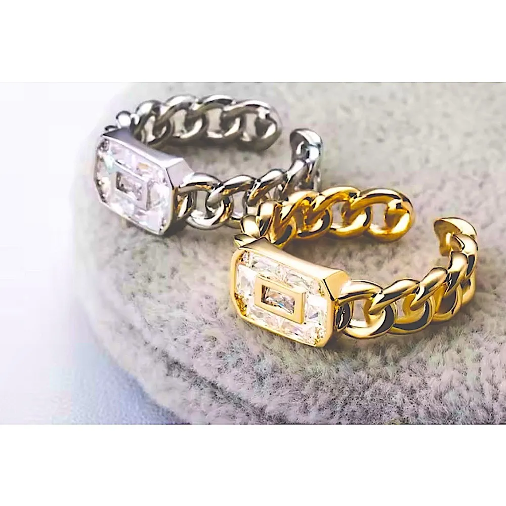 Unisex 14k Gold Filled Rectangle Diamond‎ Simulant Link Ring, Adjustable Open - Image 9