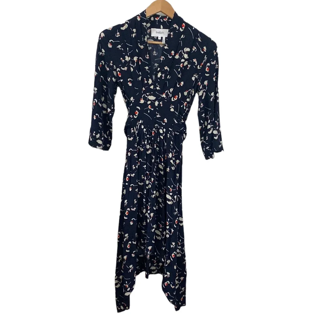 BA&SH Silia shirred tie-waist floral print crepe asymmetric hem midi dress sz 4 - Image 2