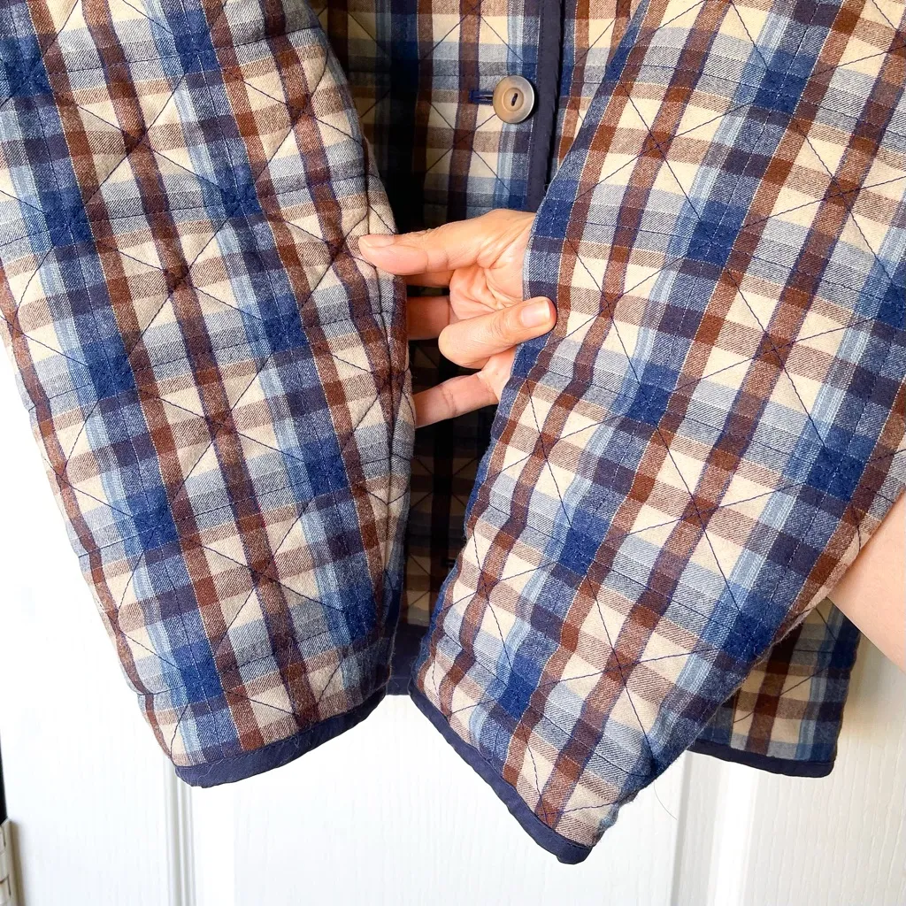 Doen Sedona Quilted Wool Silk Jacket Belleville Plaid Blue Brown Small EUC - Image 3