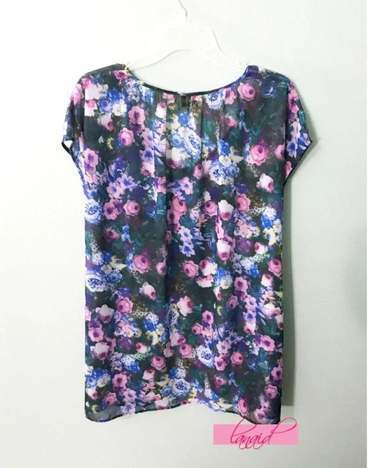 Mumu V-Neck Floral Tunic Blouse Chiffon Gauze Cover-Up Dolman Semi-Sheer Top M - Image 2