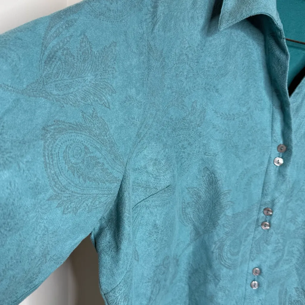 Lemon Grass Woman Button Down Shirt Faux Suede Size 2X Paisley V Neck Blue - Image 6