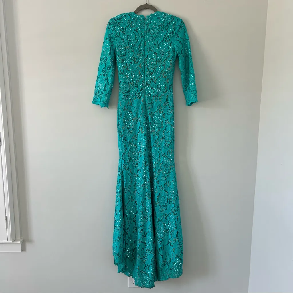 Jovani 20025 Long Formal Turquoise Rhinestone Elbow Length Sleeve Lace Dress 2 - Image 4