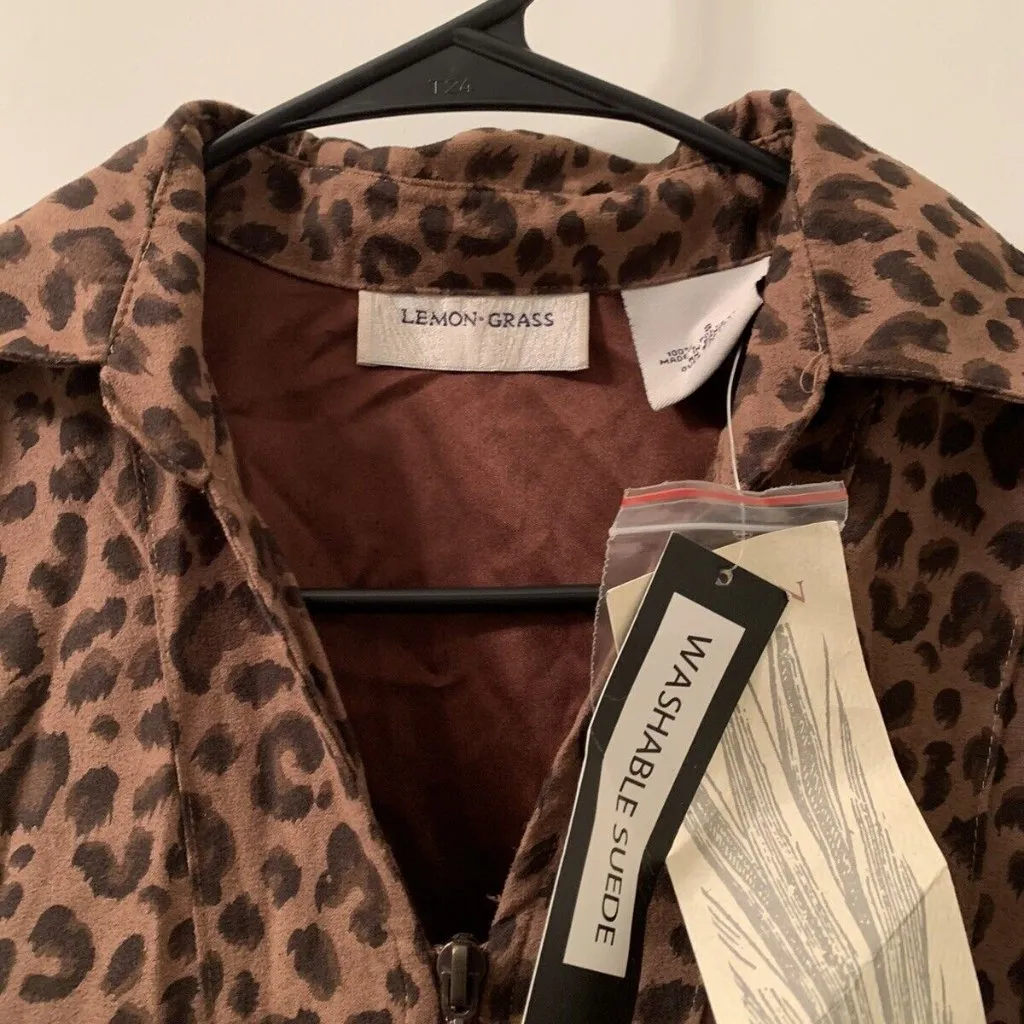 LEMON GRASS Womens Long Sleeve Zip Up Animal Print SUEDE Blouse Size Sma… Brown - Image 2