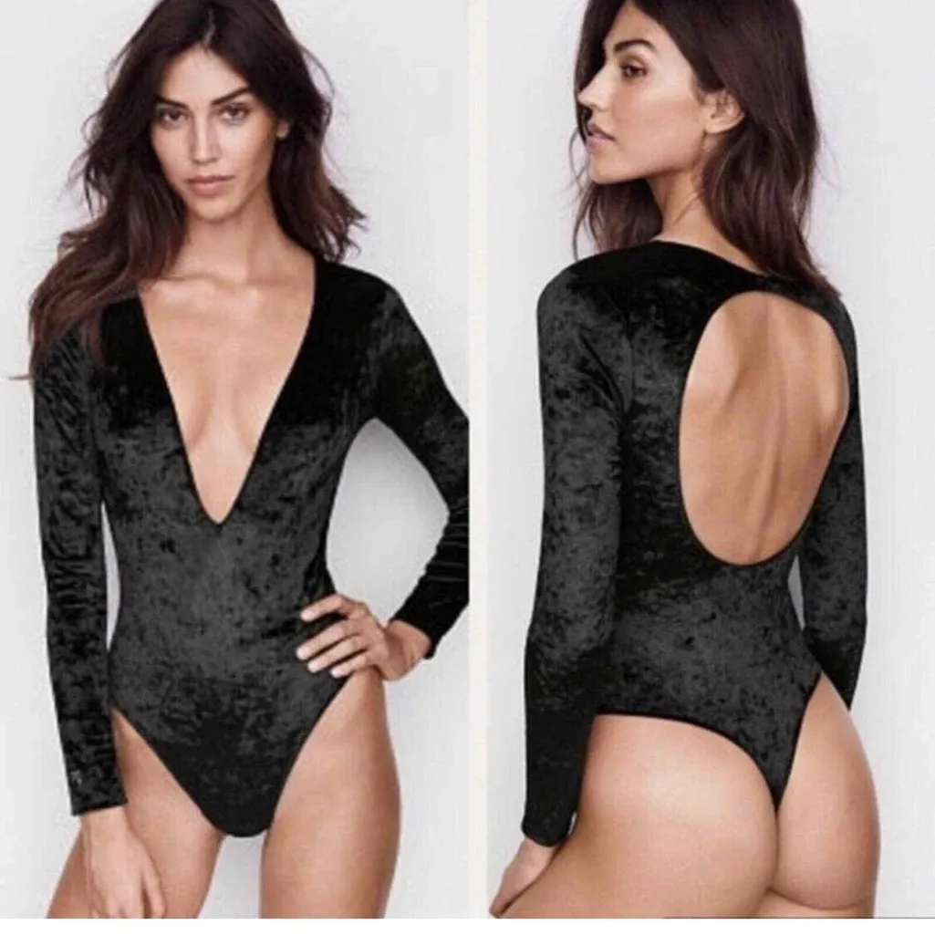 NWT Victorias Secret Black Velvet Bodysuit M/L Deep V Open Back Long Sleeve New - Image 8