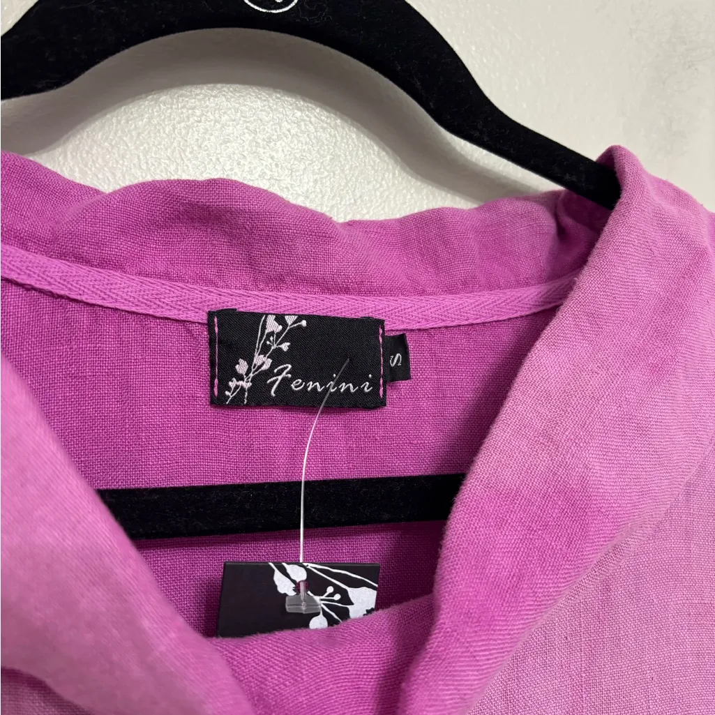 NWT Fenini Short Sleeve 100% Linen Rolled Neck Dress in Berry Tie Dye - Image 3