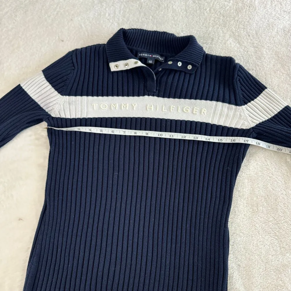 Vintage Y2K Tommy Hilfiger Spellout Logo‎ Sweater Womens Size L Navy Ribbed Snap - Image 5