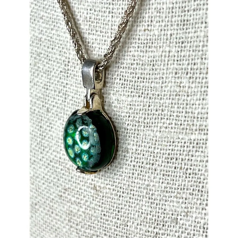 Vintage‎ Green Glass Foil Daisy Flower Sterling Silver Pendant 925 Necklace 18" - Image 3