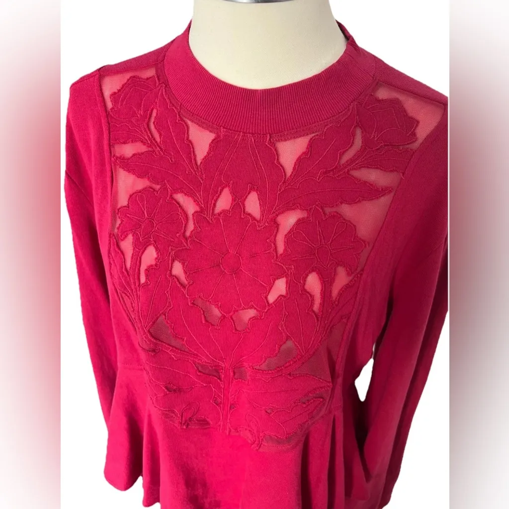 Anthropologie Cutwork Swing Top Pink Embroidered Floral Sweatshirt NWT Size XS - Image 9