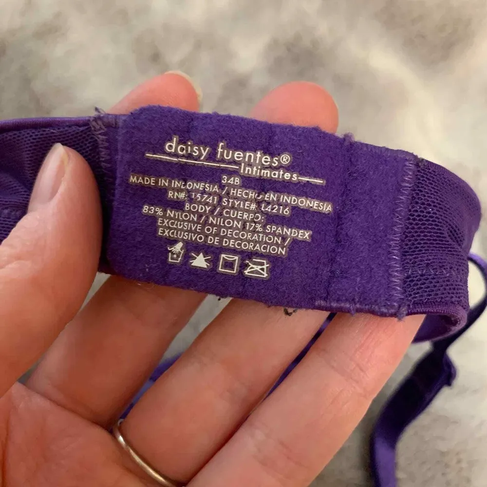 Daisy Fuentes Purple Push Up Bra Womens 34B Floral Trim Adjustable Straps Plunge - Image 3
