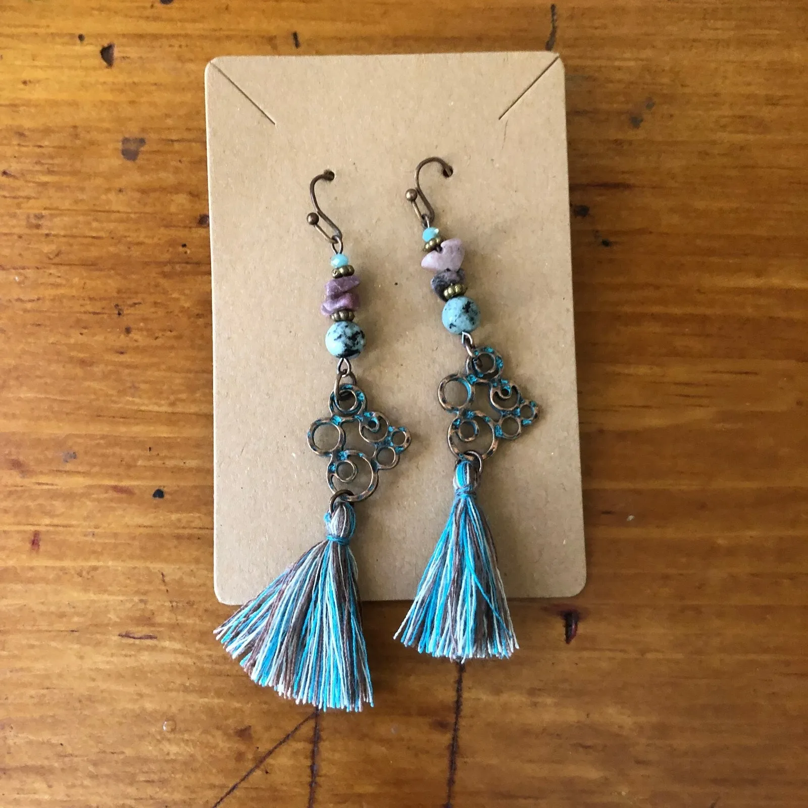 Set of 6 Boho Vintage Style Dangle Earrings Set Feathers Tassels Turquoise NWOT Blue - Image 15