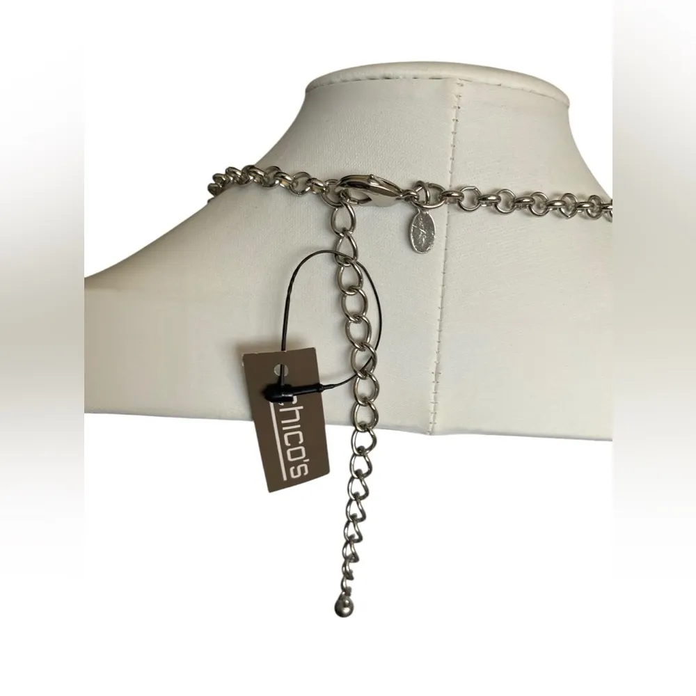 NWT CHICO’S Silver Tone Rhinestone Pearl Charm Necklace With Extender - Image 4