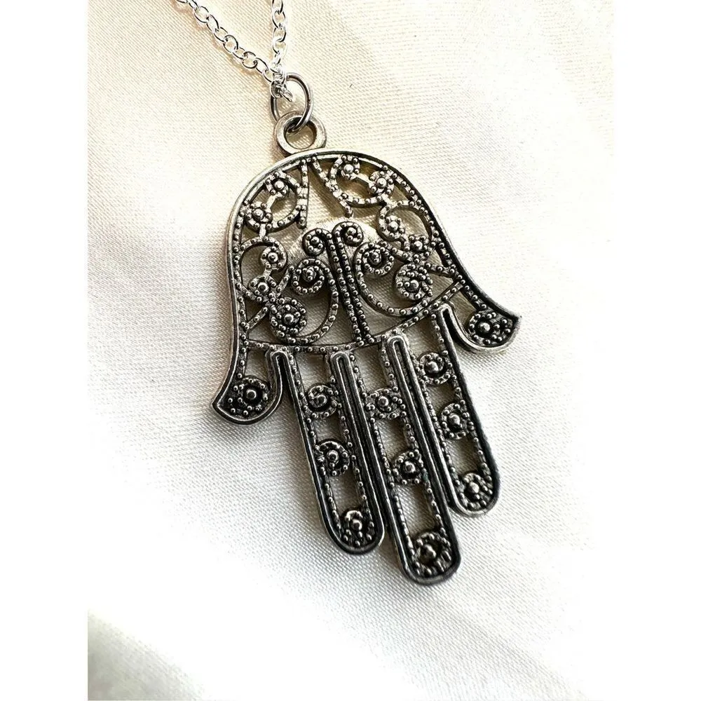 Silver tone Hamsa hand pendant necklace - Image 4