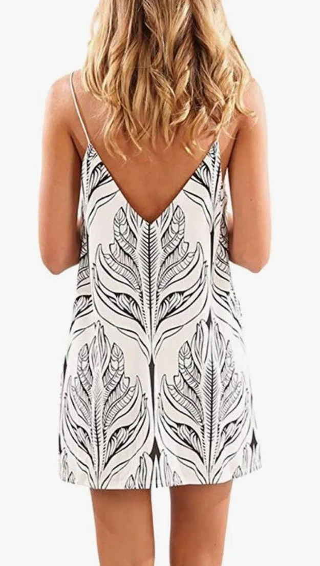 Sidefeel Women V Neck Halter Printed Casual Strap Dress Medium White - Image 2