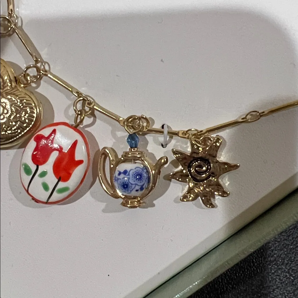 Atterri | Heart Locket Necklace w/ Vintage Ceramic Charms & Angelic Accents Gold - Image 8