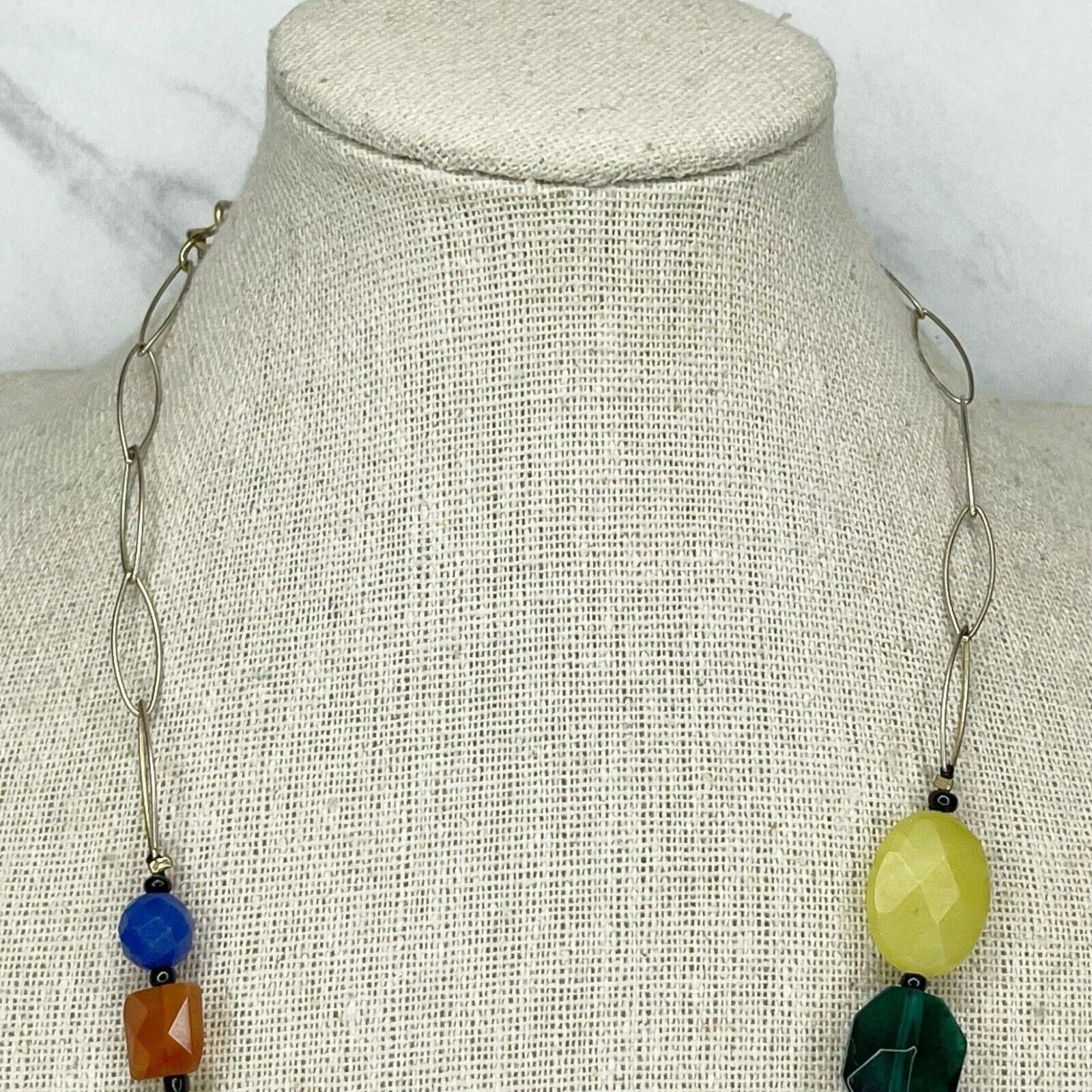 Chicos Colorful Beaded Gold Tone Hammered Teardrop Pendant Necklace ✨ - Image 4