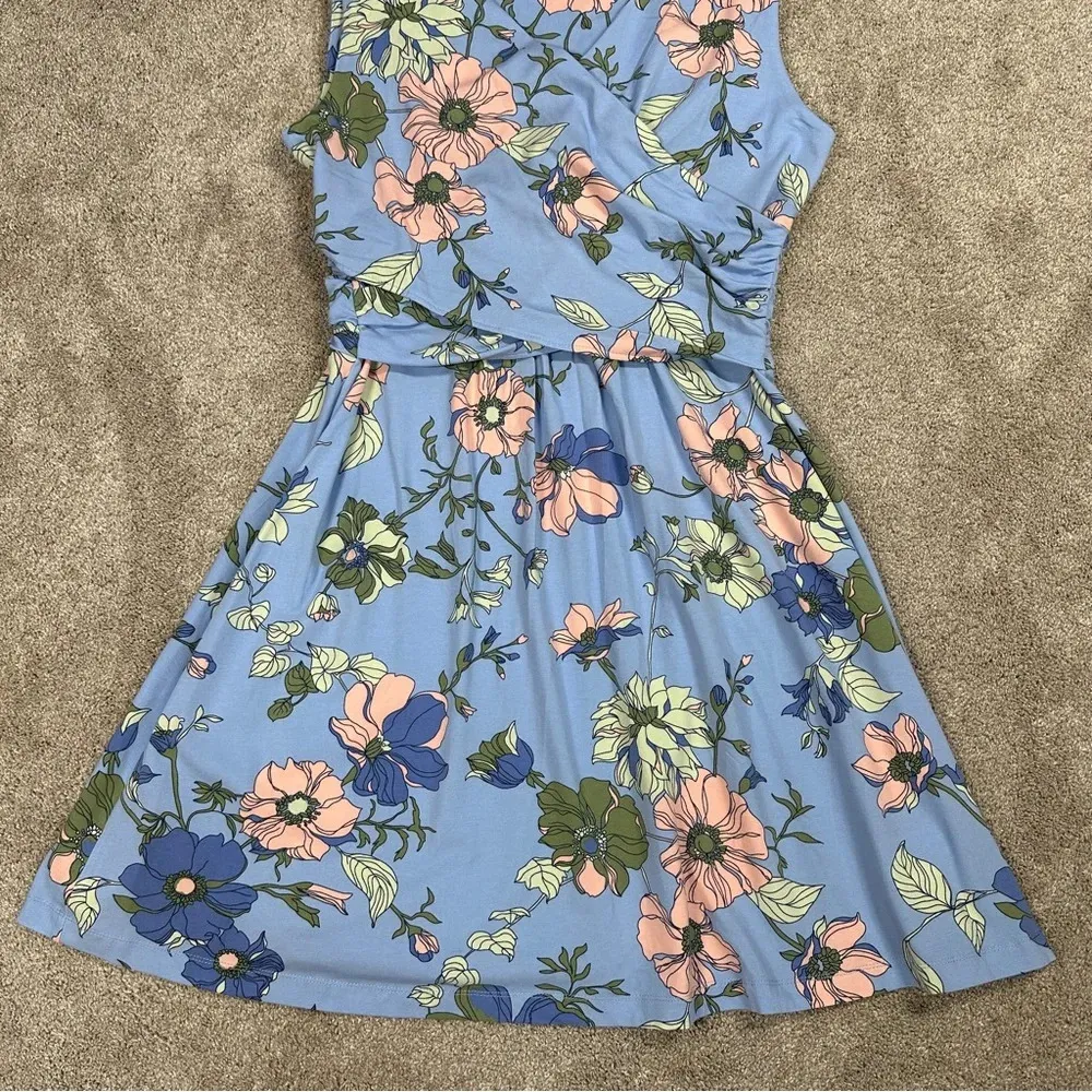 Lands’End Surplice Sleeveless Midi Dress V-Neck Pima Cotton Floral Blue Size MP - Image 7