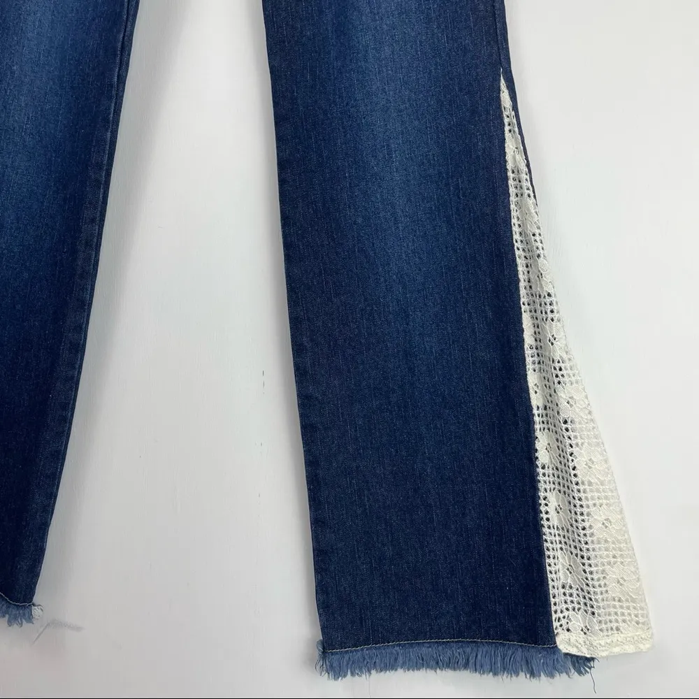 Vintage Flare Crochet Cut Out Hem Jeans Sz 4 Dark Wash Boho Blue - Image 8