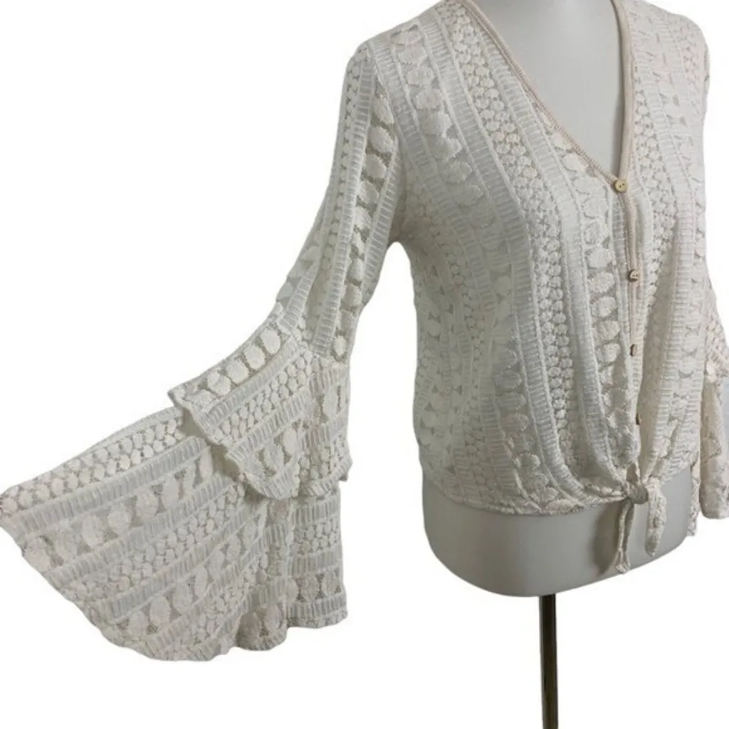 Hummingbird Boho Crochet Bell Sleeve Button Front Tie Hem Top Small‎ White - Image 3