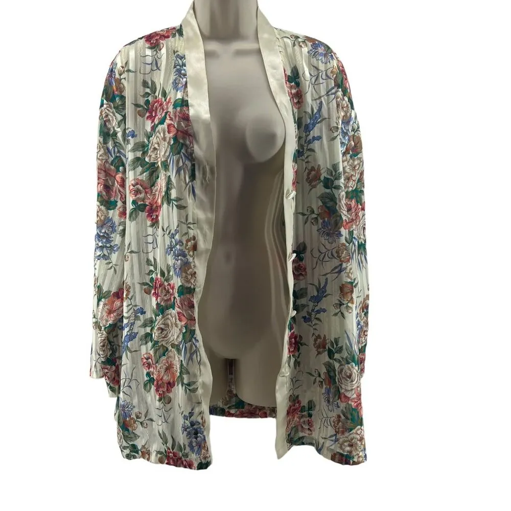 Vintage Victoria's Secret Gold Label Blouse Floral White Striped Satin Womens L - Image 2