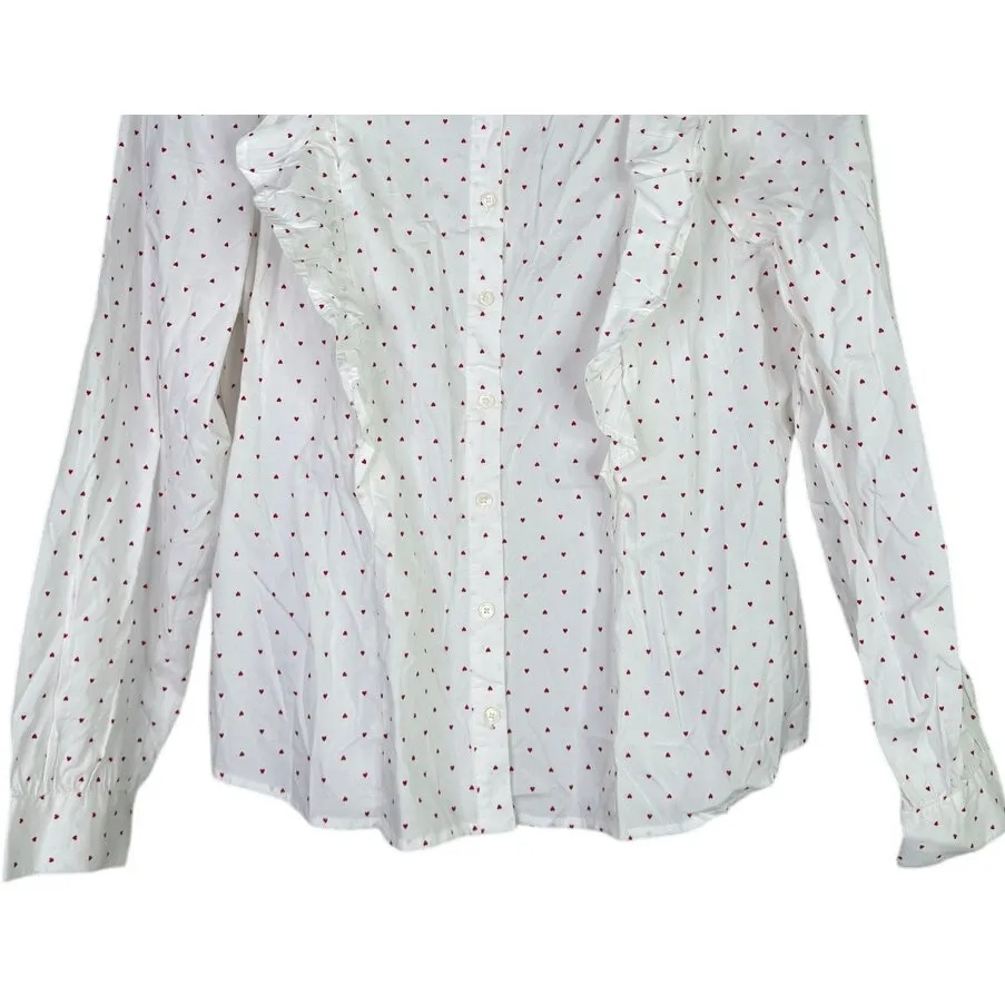 J.Crew Cotton Poplin Ruffle Heart Print Button Down LongSleeve Shirt M White Red - Image 3