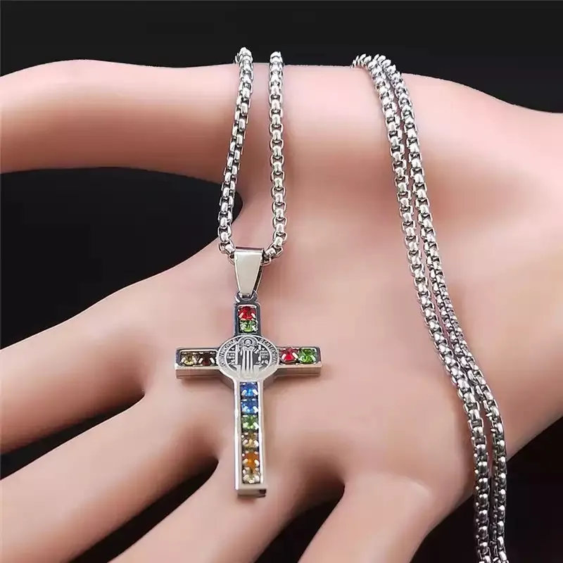 Stainless Steel Crystal Silver Cross Pendant Necklace - Image 4