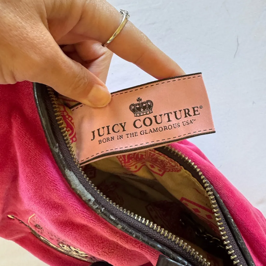 Juicy Couture Pink Velour Handbag with Heart Charm and Logo Detailing - Image 6