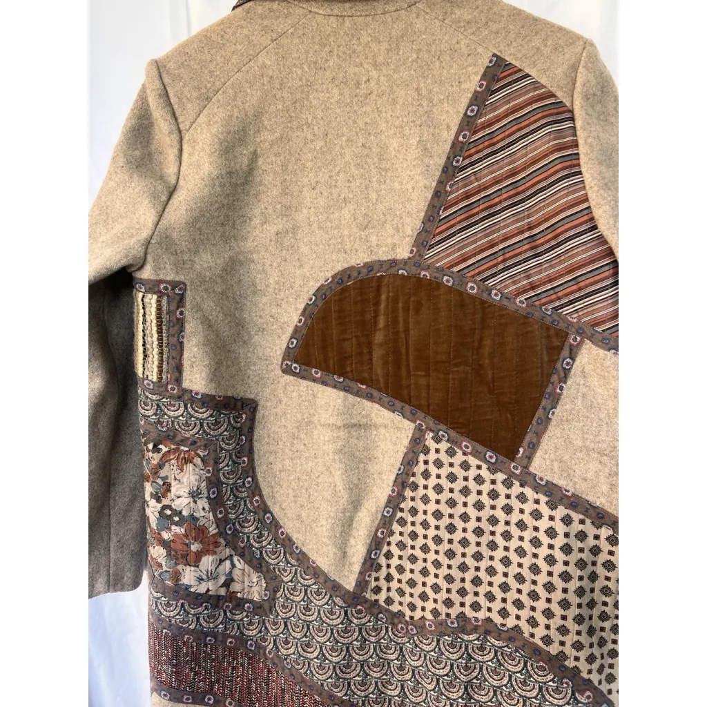 Vintage Backstreet Bohemian Patchwork Coat Wool Belted Southwest Tapestry Medium Brown - Image 9