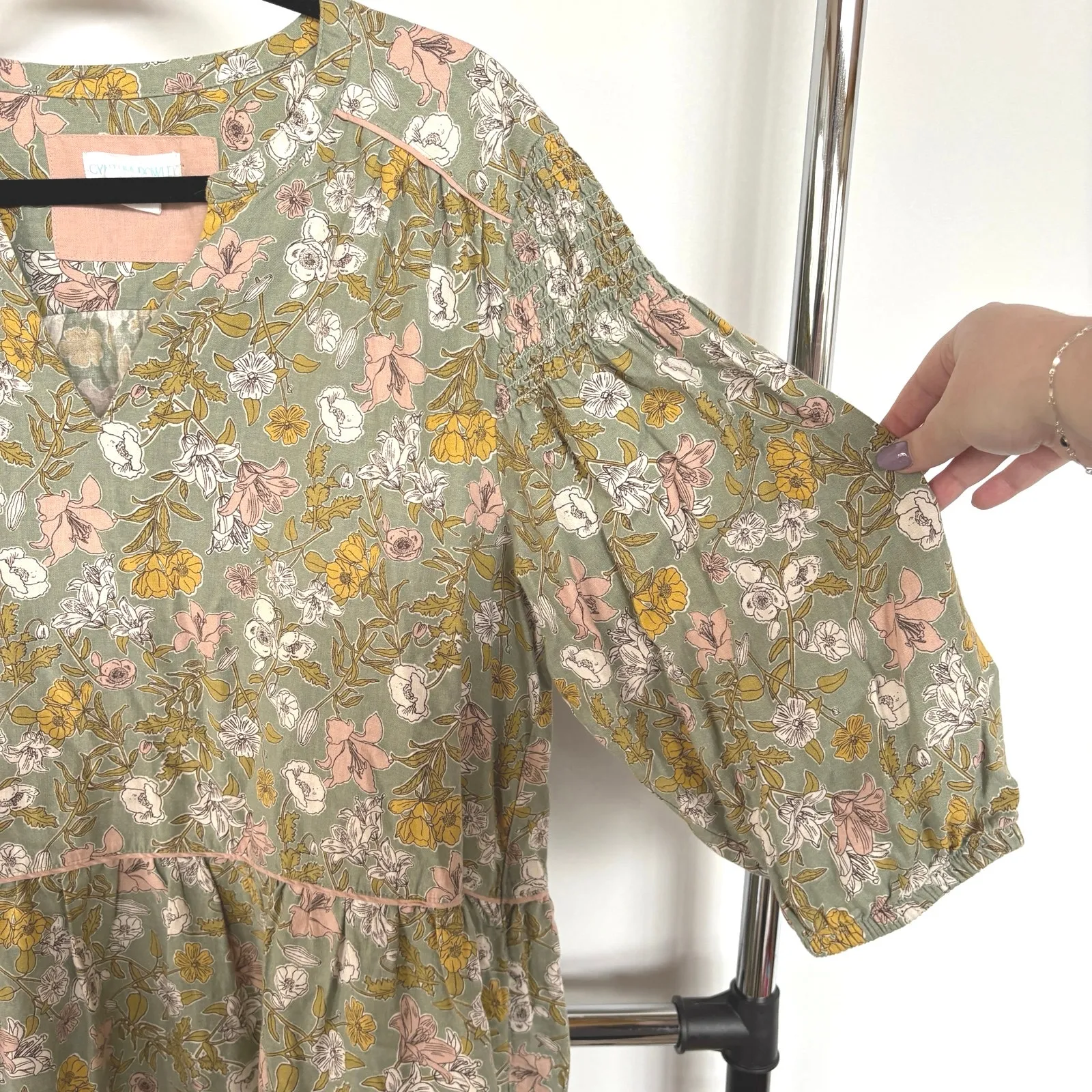 Cynthia Rowley Floral Tiered Prairie Dress Puff Sleeves Linen Blend Pastel XL - Image 4