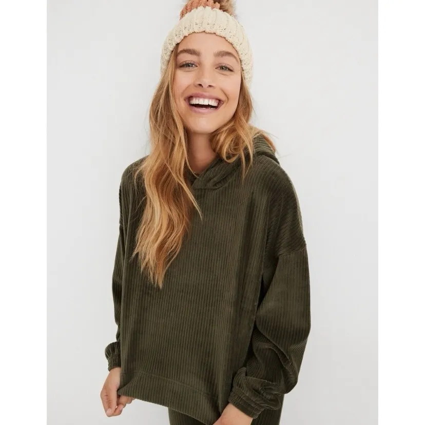 NEW Aerie Groove On Green Ribbed Velour Oversized Cropped Hoodie Sweater | L - Image 3