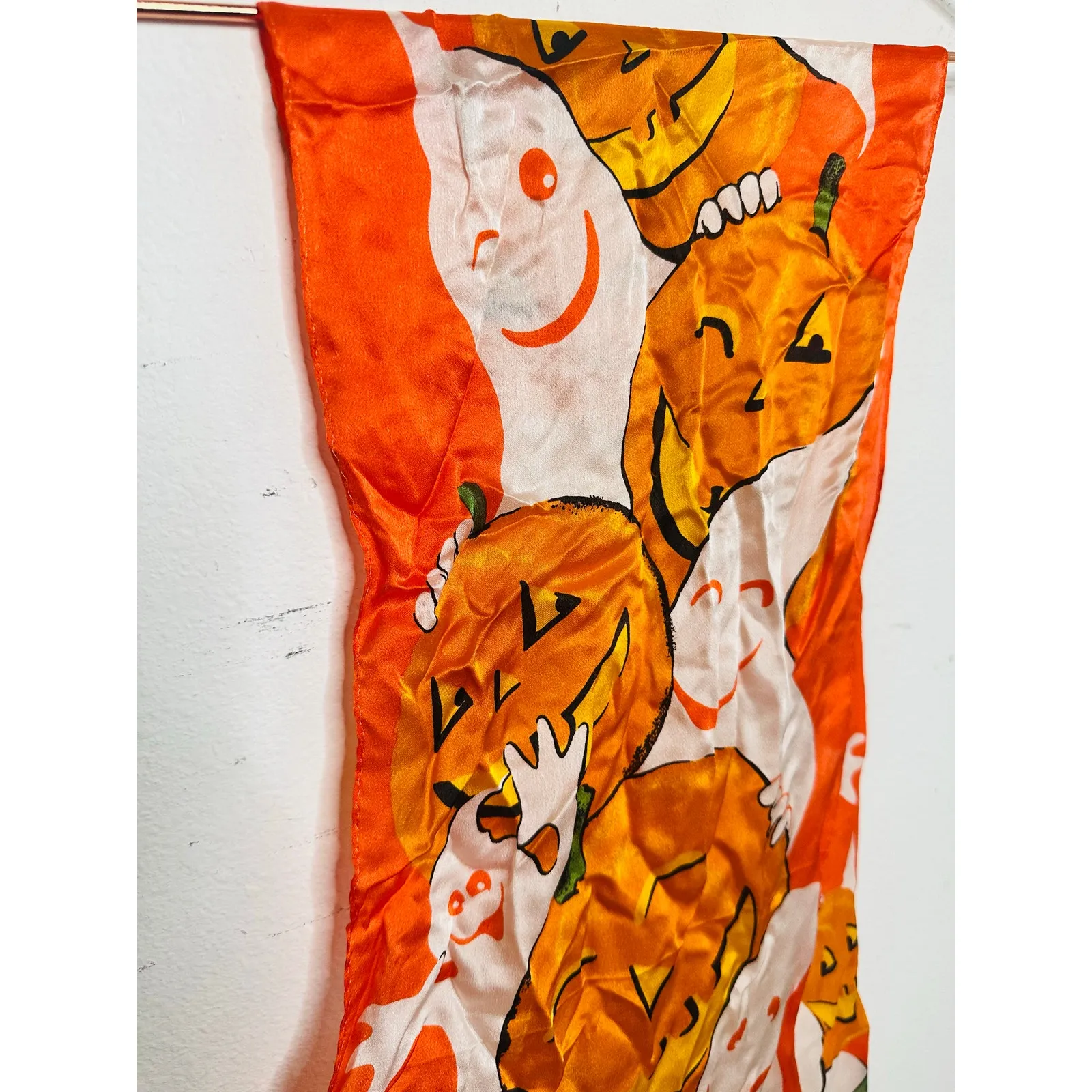 Vintage Pumpkin White Ghost Ghoul Happy Smile Halloween Scarf Tie - Image 4