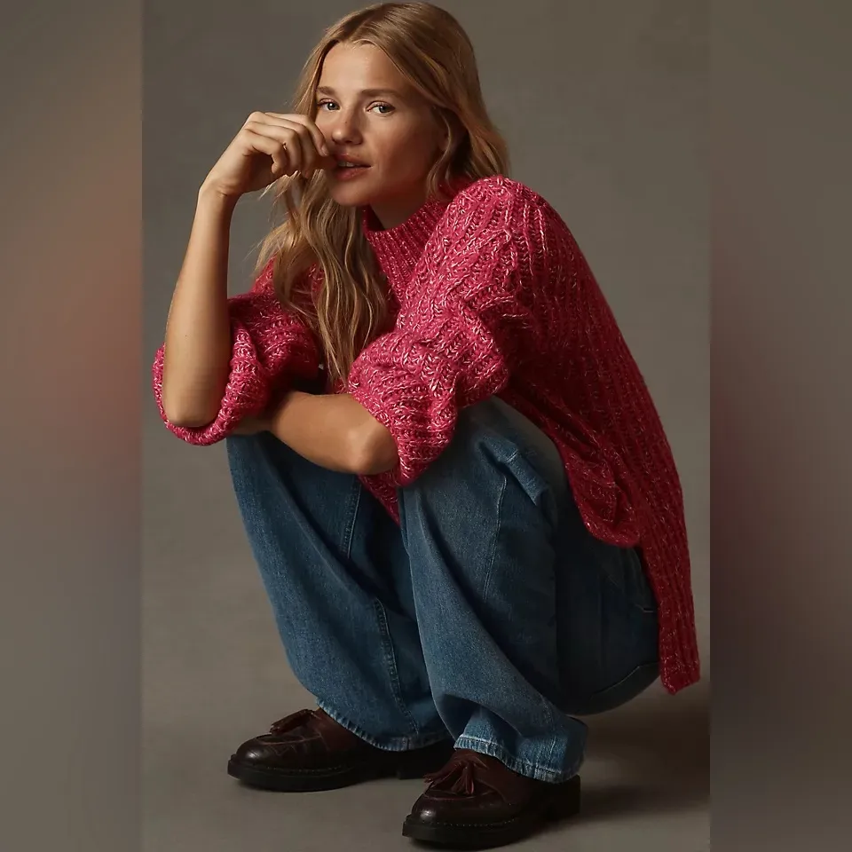 Pilcro Textured Tunic Sweater Anthropologie Wool Blend Pink White Baggy Size S - Image 14