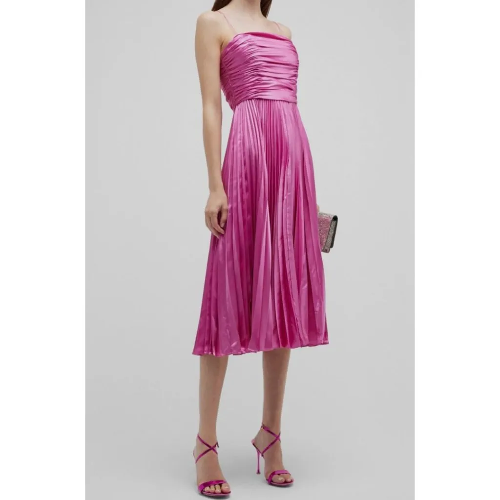 New AMUR Heba Pleated Satin Midi Dress Pink Square Neck A - Image 12