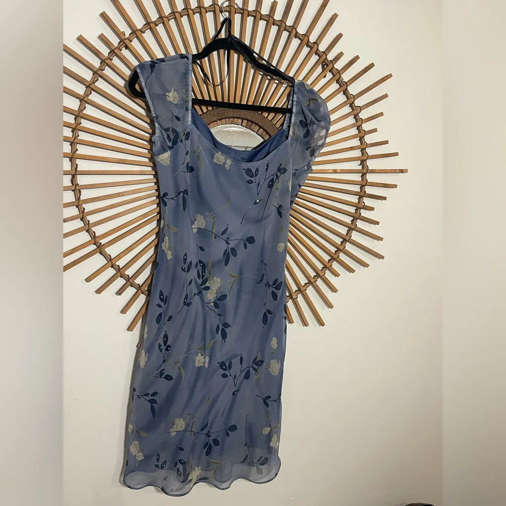 VTG 90’s/ Y2K Floral Blue Chiffon Midi Dress with Floral Print & Sparkles Bias - Image 2