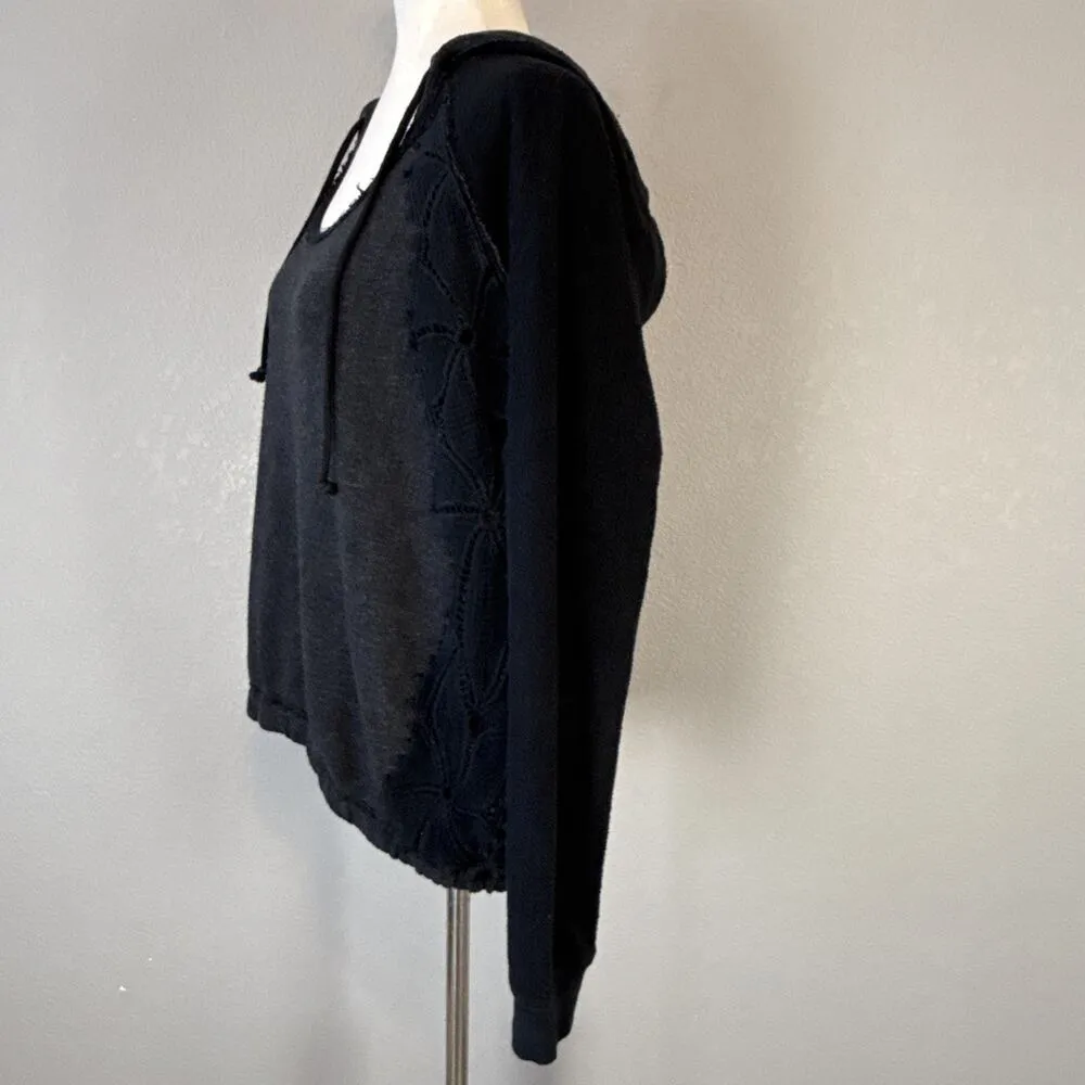Free People Hooded Lace Inset Long Sleeve Sweater Size M Heather Black Cotton - Image 3
