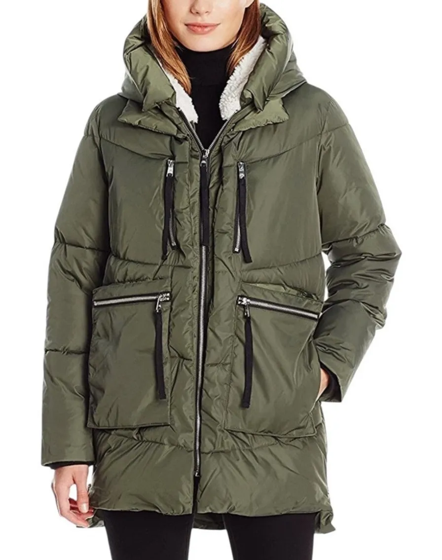 Avec Les Filles Winter Coat Puffer Zip Pockets Olive Green Women’s Size Medium - Image 1