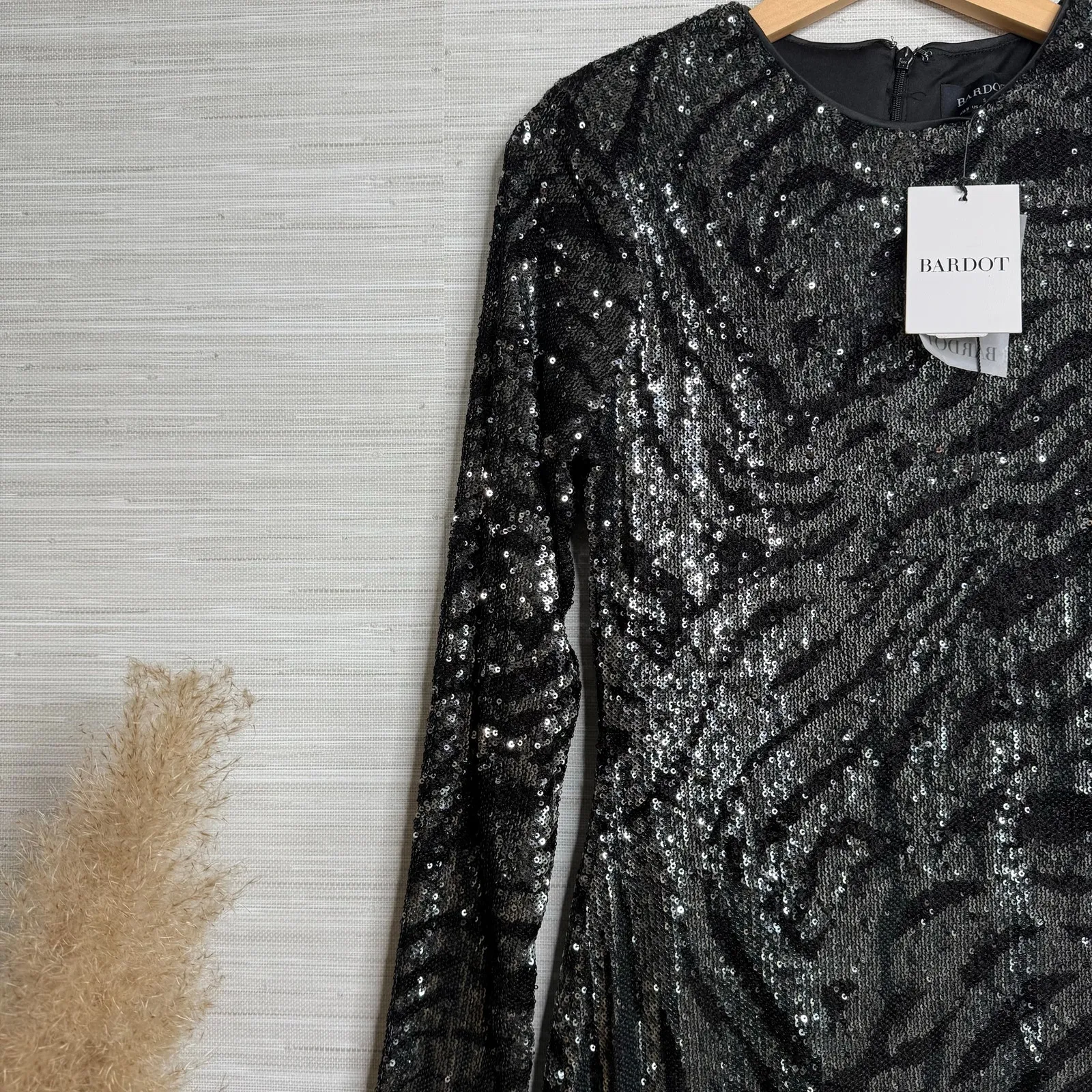 Bardot mini dress sequins embellished long sleeve cocktail party Small - Image 2