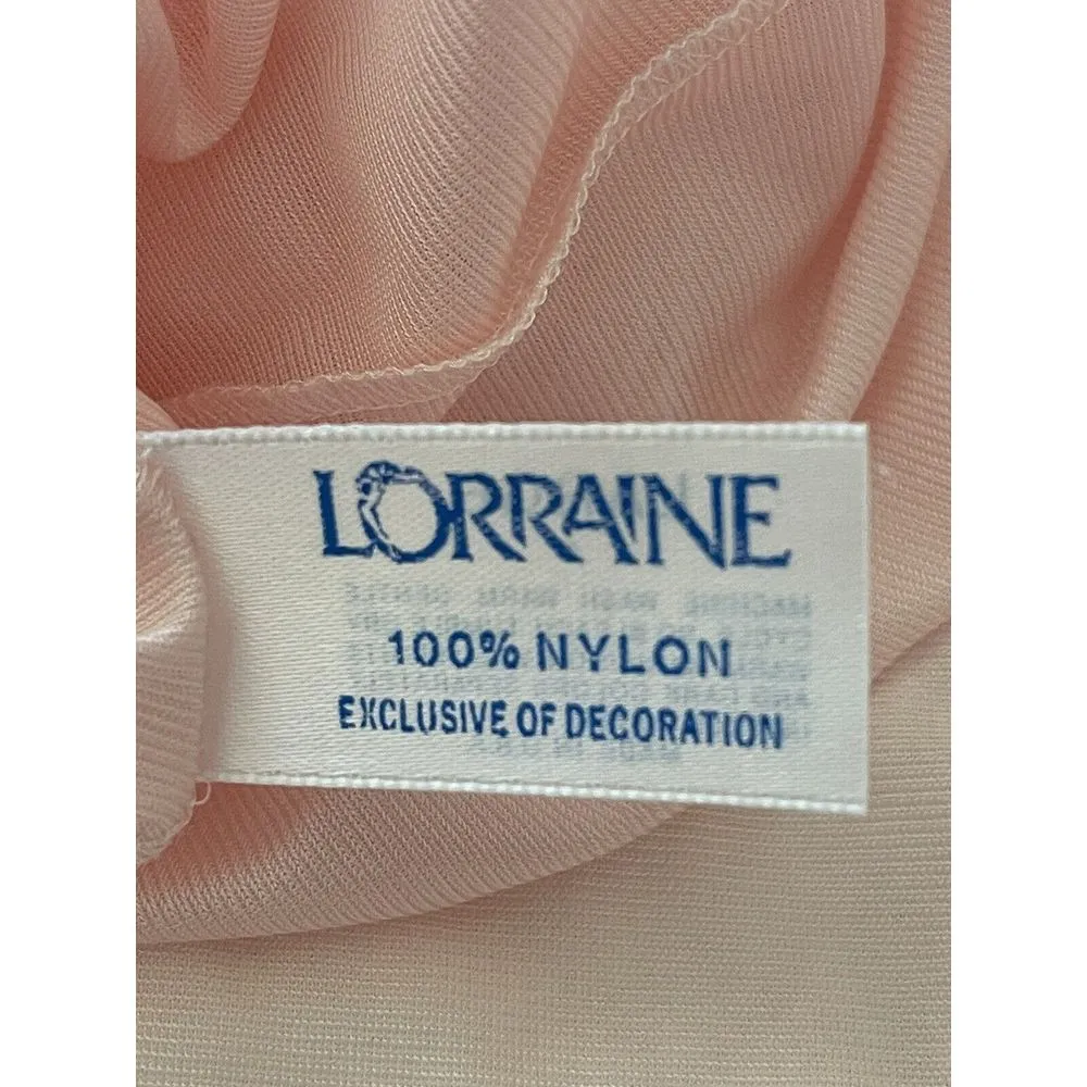 Lorraine Short Robe Large Peachy Pink Nylon Silky Lace Iridescent‎ Buttons Vtg - Image 5