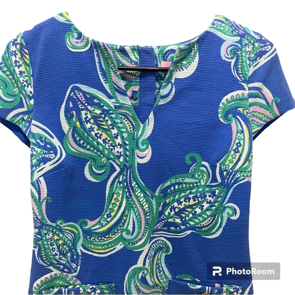 Lily Pulitzer Layton Blue Crush Shift Dress She Got Sole V-Neck Gold $198 XS - Image 4