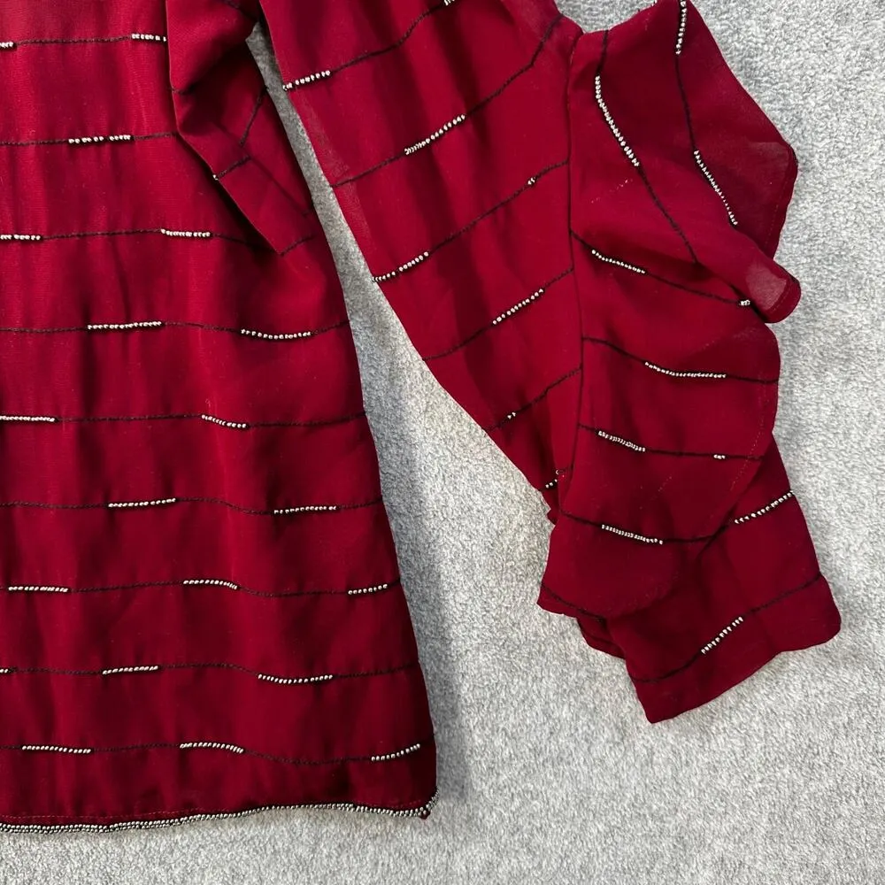 Michael Stars Burgundy Beaded V-Neck Blouse Women's XS Sheer Ruffle Sleeve Top - Image 8