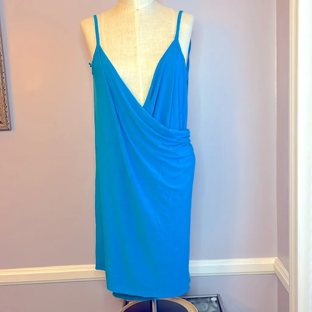 Turquoise deep V neck sexy spaghetti strap wrap draped backless swimsuit coverup Blue Size undefined - Image 9
