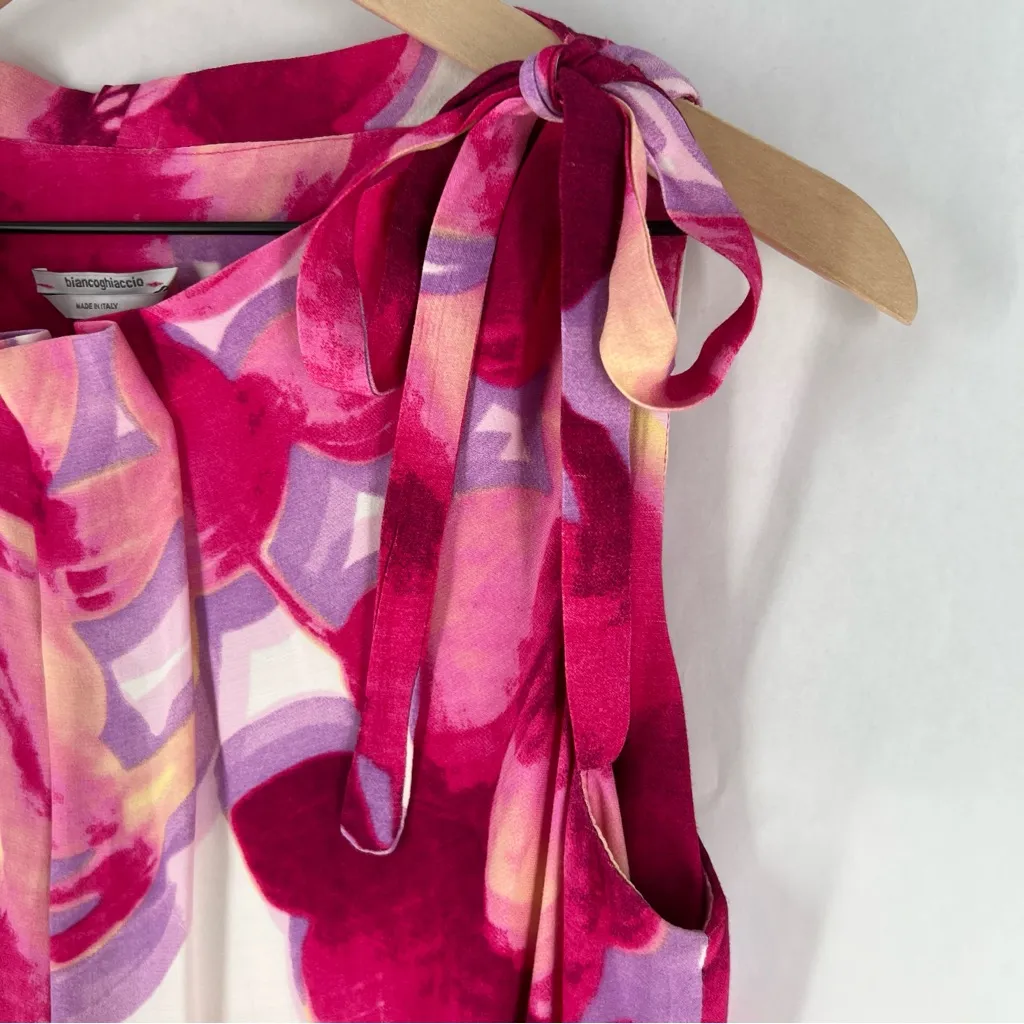 Biancoghiaccio Floral Print Lightweight Flowy Pleated‎ Tie Boatneck Shift Dress Pink Size M - Image 3