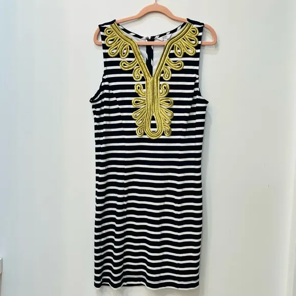 Crown & Ivy Women's Shift Dress Navy/White Stripe with Gold Accent sz Me… - Image 7