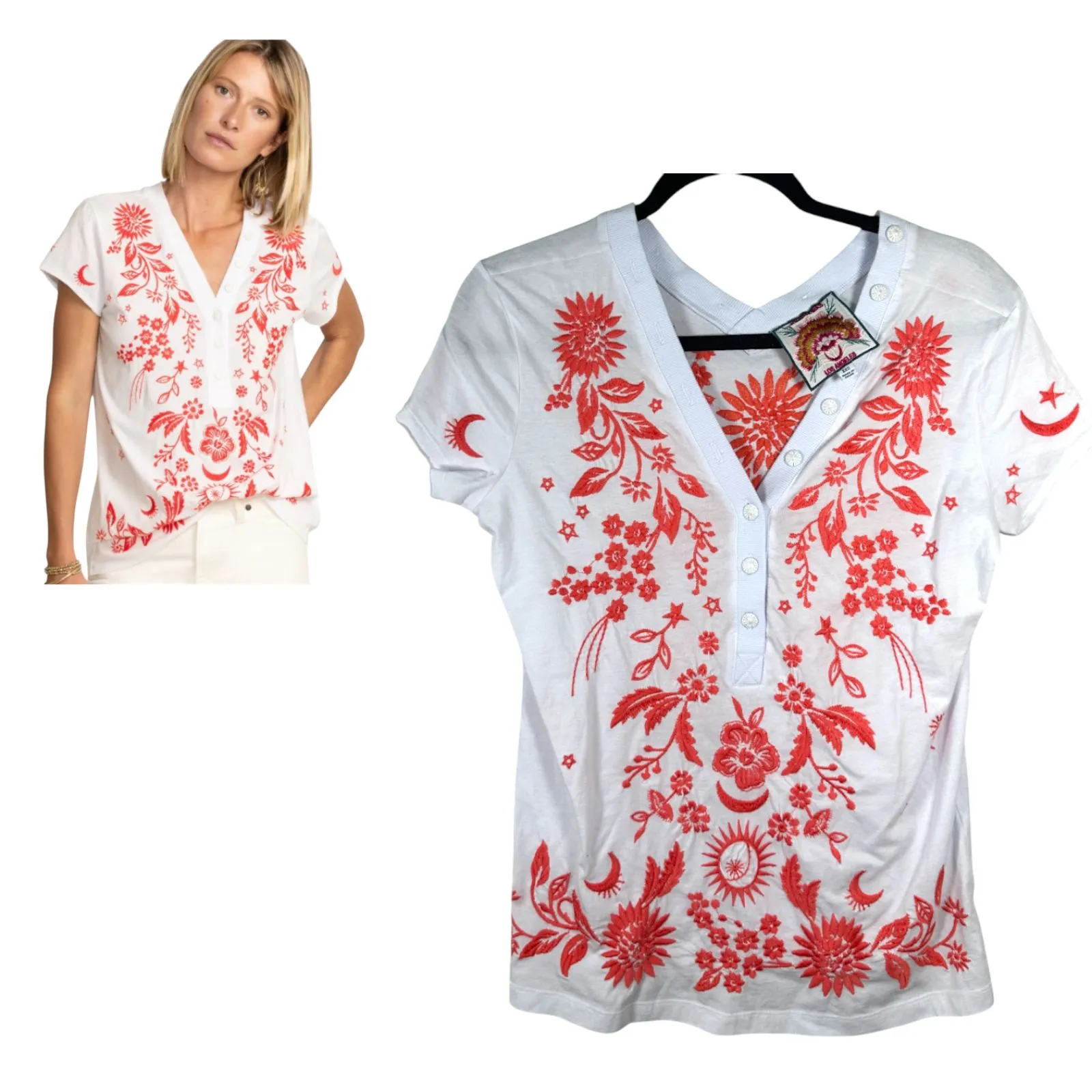 Johnny Was Oleander Oversized Button Neck Knit Tee White Embroidered Floral XXS - Image 2