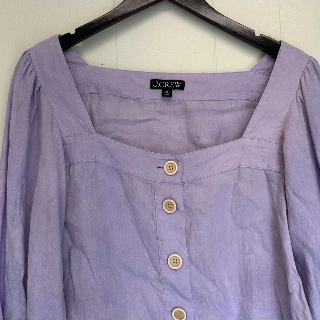 J.CREW Square Neck Button Down Linen Top Purple Medium - Image 2