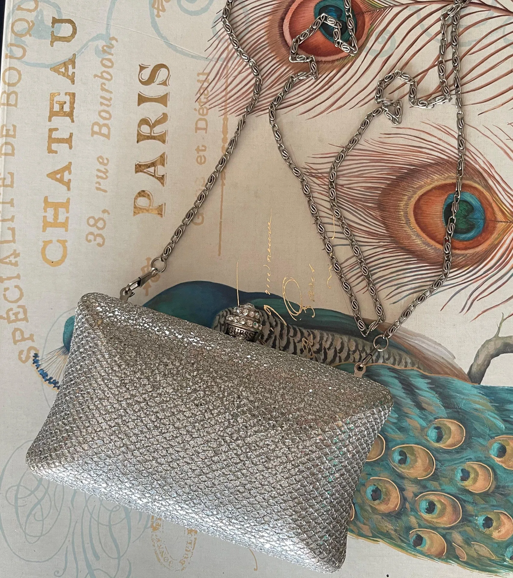 silver sparkling shimmering glitter embellished small mini minaudiere chain bag - Image 3