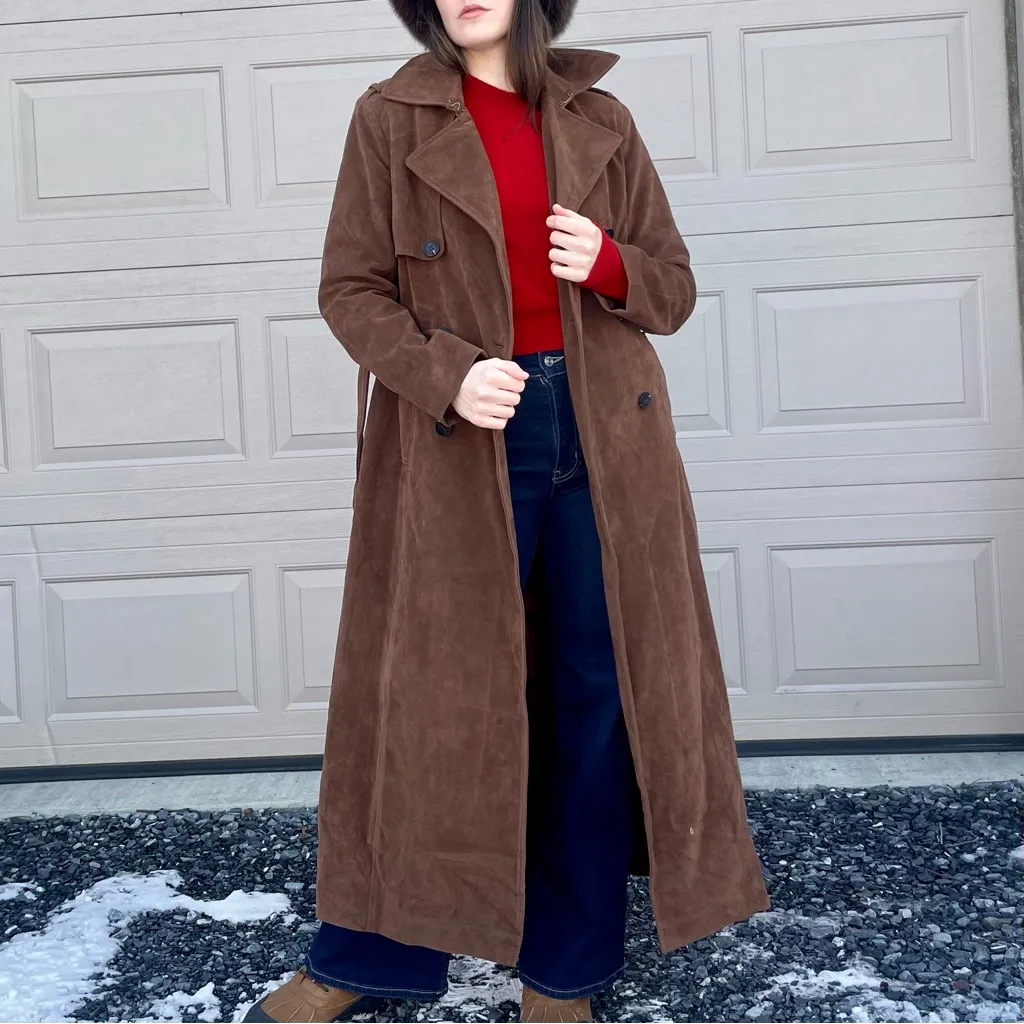 Avec Les Filles Chic Chocolate Brown Vegan Suede Long Trench Coat Small - Image 6